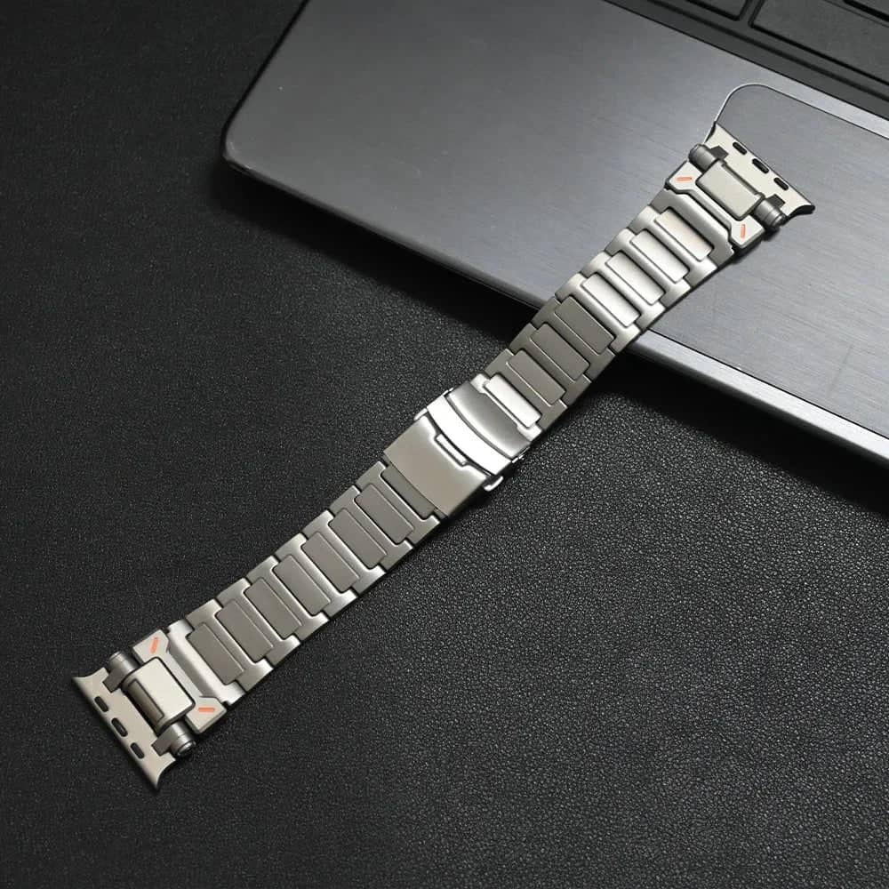 Close-up view of Titanium Band 3.0's clasp mechanism and detailed texture, highlighting the premium quality titanium craftsmanship.